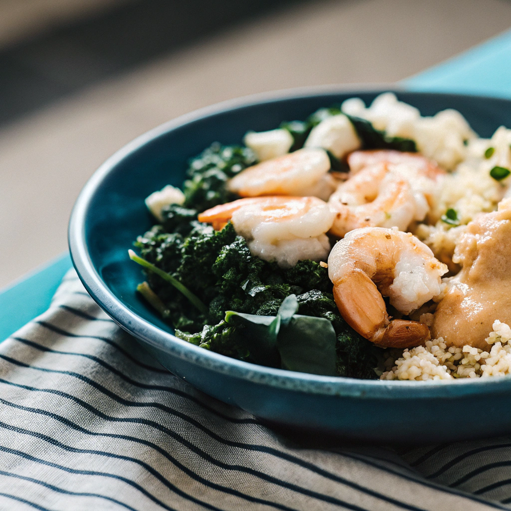 Shrimp w/ Kale, Quinoa & Thai Peanut Sauce